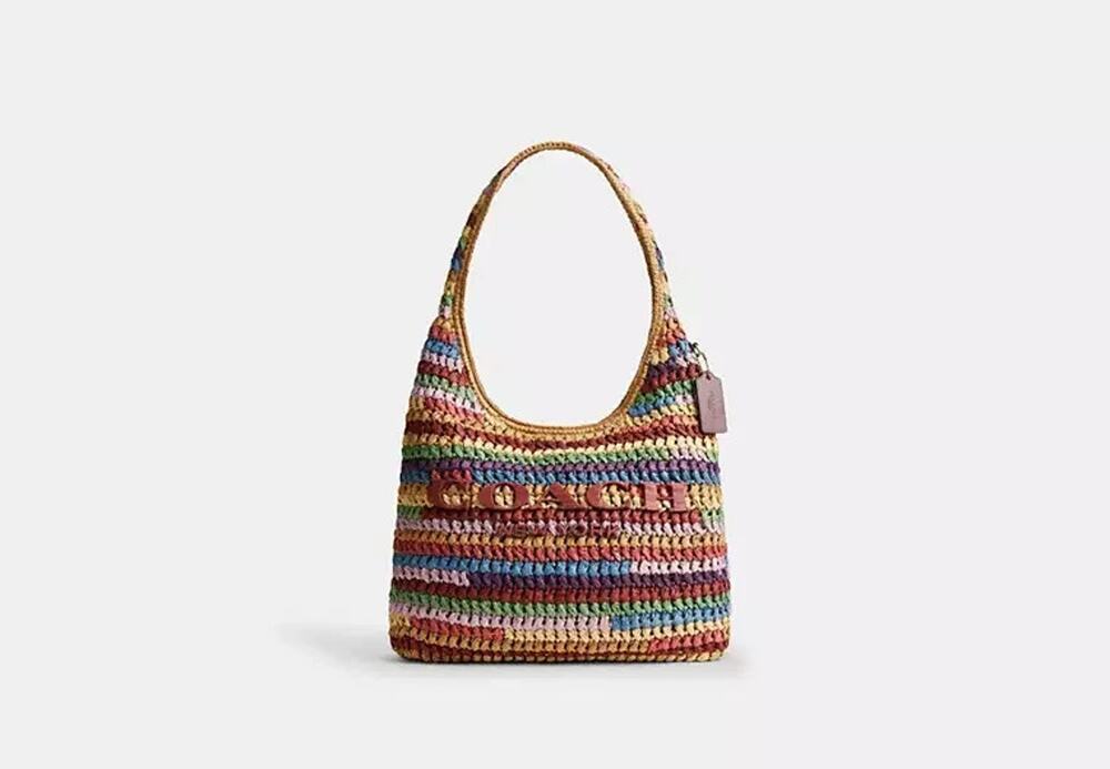 B3-011 NWT COACH Brooklyn 28 Multi Stripe Straw Shoulder Bag CDZ39